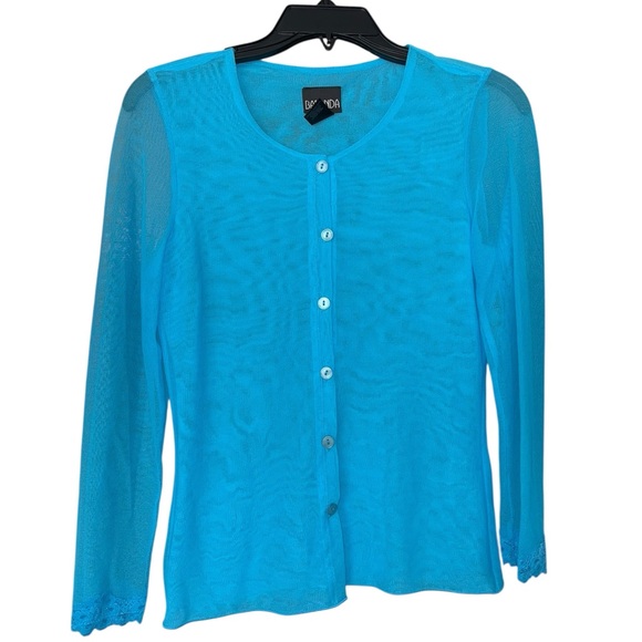 Y2K Mesh Baby Blue Button Down Blouse Laced Sleeves Y2K MEDIUM Sheer See Through - Picture 1 of 6